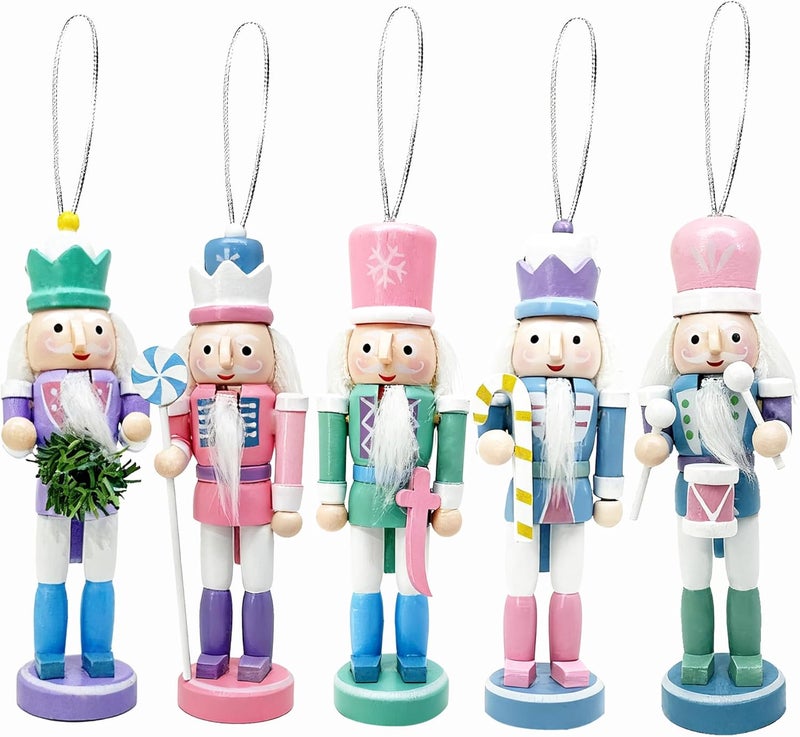 MicoSim Mini Nutcrackers Figures Wooden Christmas Decor, Hanging Nutcracker Ornaments for Xmas Tree, Wood Nut-Crackers Christmas Decorations for Festival Party (Macaron, 5PCS) - Image 1